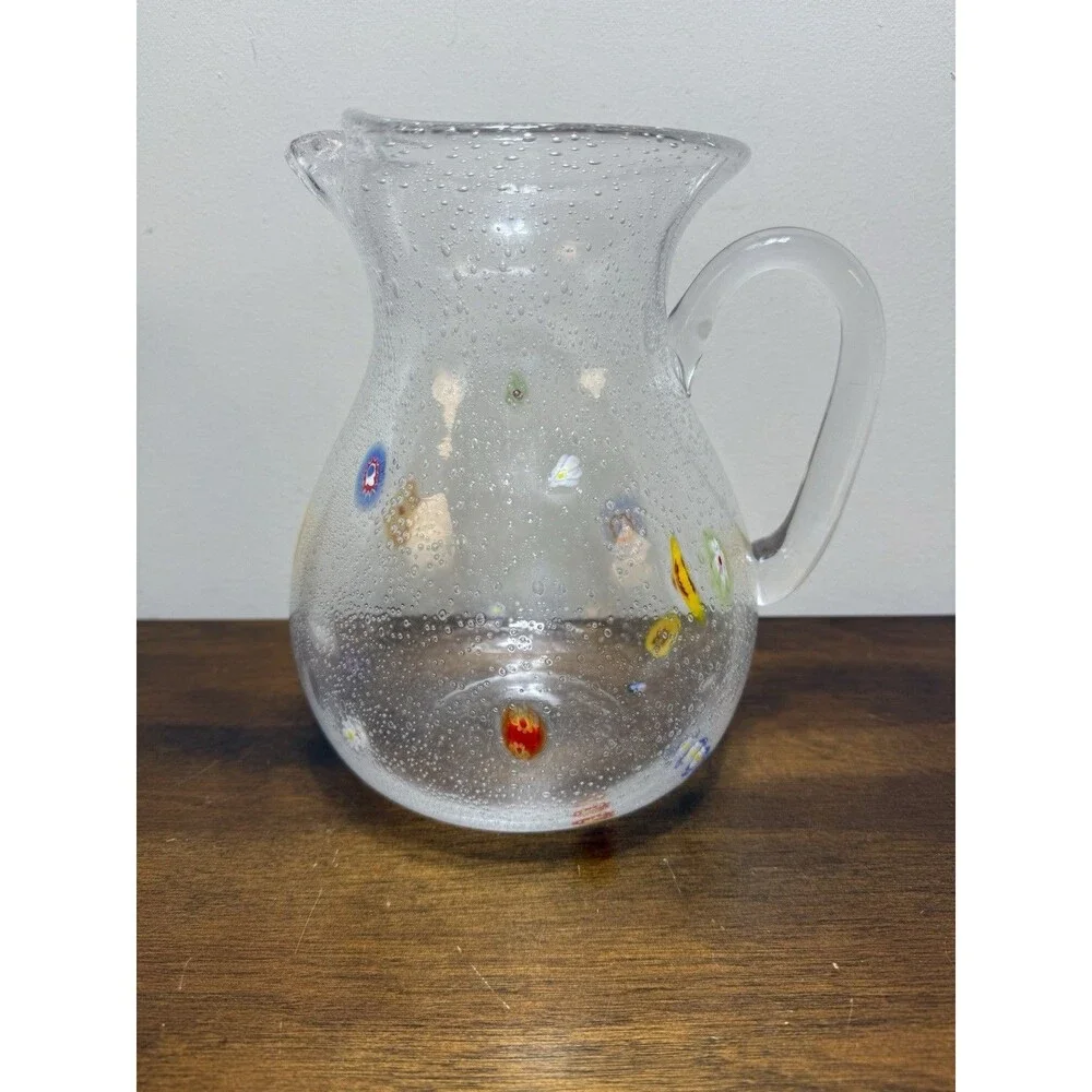 Crate & Barrel Zazz Millefiori 8.5” Hand-Blown Bubble Art Glass Pitcher Whimsy